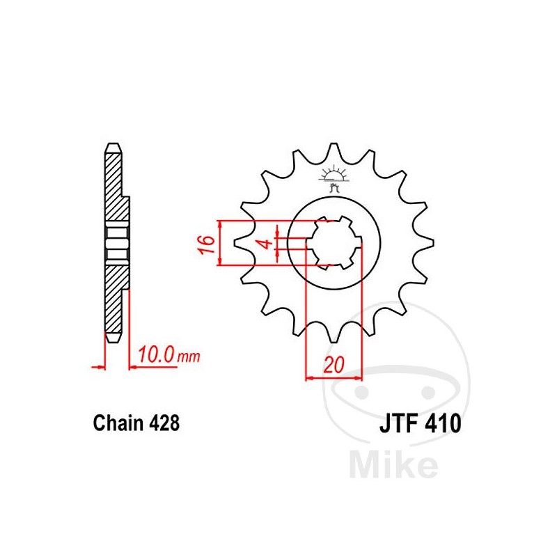 JT SPROCKETS Piñón transmisión engranaje grueso 16T P-428 6 Ø16/20MM 726.02.25