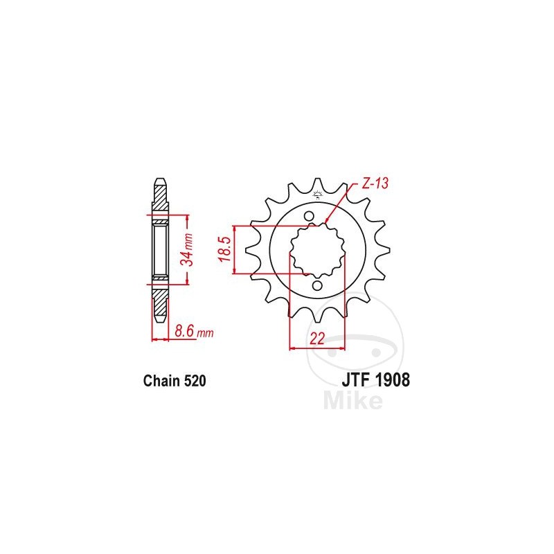 JT SPROCKETS Piñón transmisión engranaje fino 14T P-520 Ø19/22MM 726.02.16
