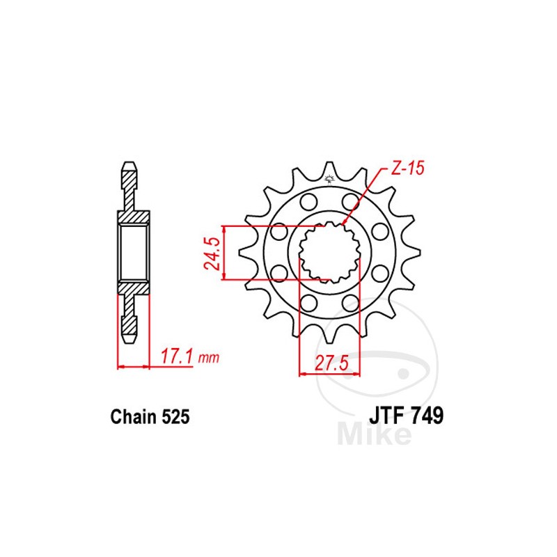 JT SPROCKETS Piñón transmisión racing engranaje fino 15T P-525 Ø24.5/27.5MM 726.04.54