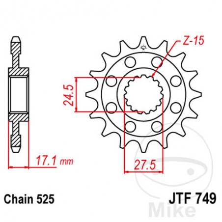 JT SPROCKETS Piñón transmisión racing engranaje fino 15T P-525 Ø24.5/27.5MM 726.04.54