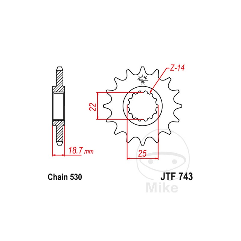JT SPROCKETS Piñón transmisión engranaje fino 14T P-530 Ø22/25MM 726.02.52