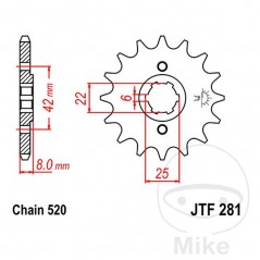 JT SPROCKETS Piñón transmisión engranaje grueso 14T P-520 6 Ø22/25MM 726.21.40