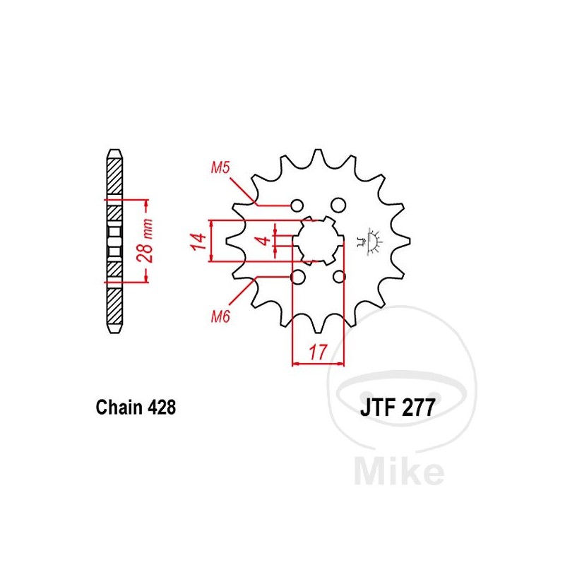 JT SPROCKETS Piñón transmisión engranaje grueso 14T P-428 4 Ø14/17MM 726.12.20