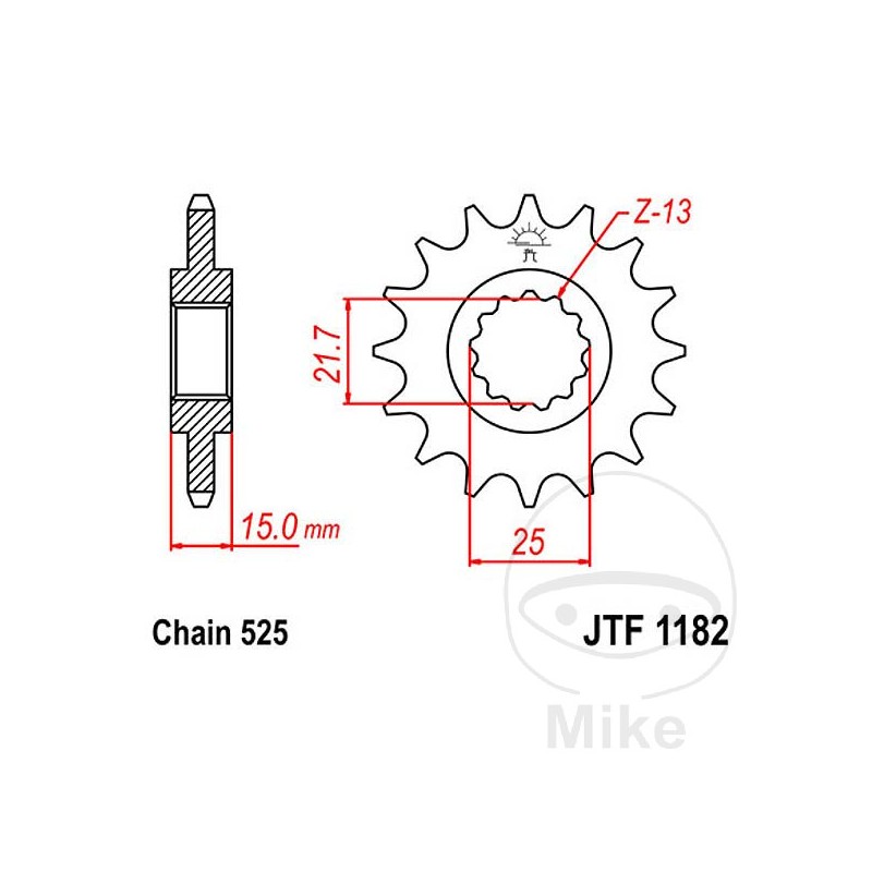 JT SPROCKETS Fine gear transmission pinion 13T P-525 Ø22/25MM 726.02.95