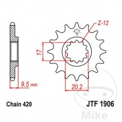 JT SPROCKETS Piñón transmisión engranaje fino 12T P-420 Ø17/20.2MM 726.17.20