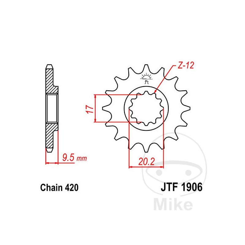 JT SPROCKETS Piñón transmisión engranaje fino 12T P-420 Ø17/20.2MM 726.17.20