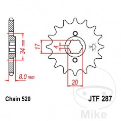 JT SPROCKETS Piñón transmisión engranaje grueso 15T P-520 4 Ø17/20MM 726.02.09