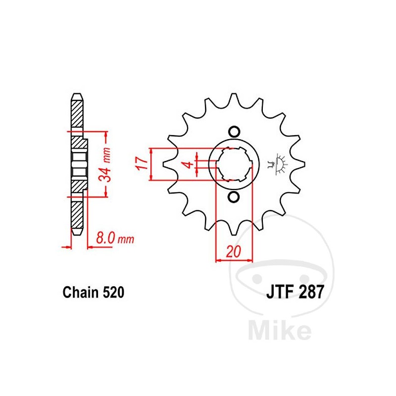 JT SPROCKETS Piñón transmisión engranaje grueso 15T P-520 4 Ø17/20MM 726.02.09