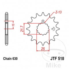 JT SPROCKETS Piñón transmisión engranaje fino 13T P-530 Ø21.6/25MM 726.25.12