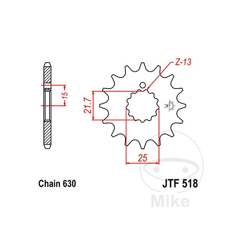 JT SPROCKETS Fine gear transmission pinion 13T P-530 Ø21.6/25MM 726.25.12