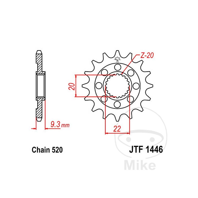 JT SPROCKETS Piñón transmisión racing engranaje fino 14T P-520 Ø20/22MM 726.29.91