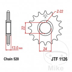 JT SPROCKETS Fine gear transmission pinion 16T 520 Ø22/24 726.31.30