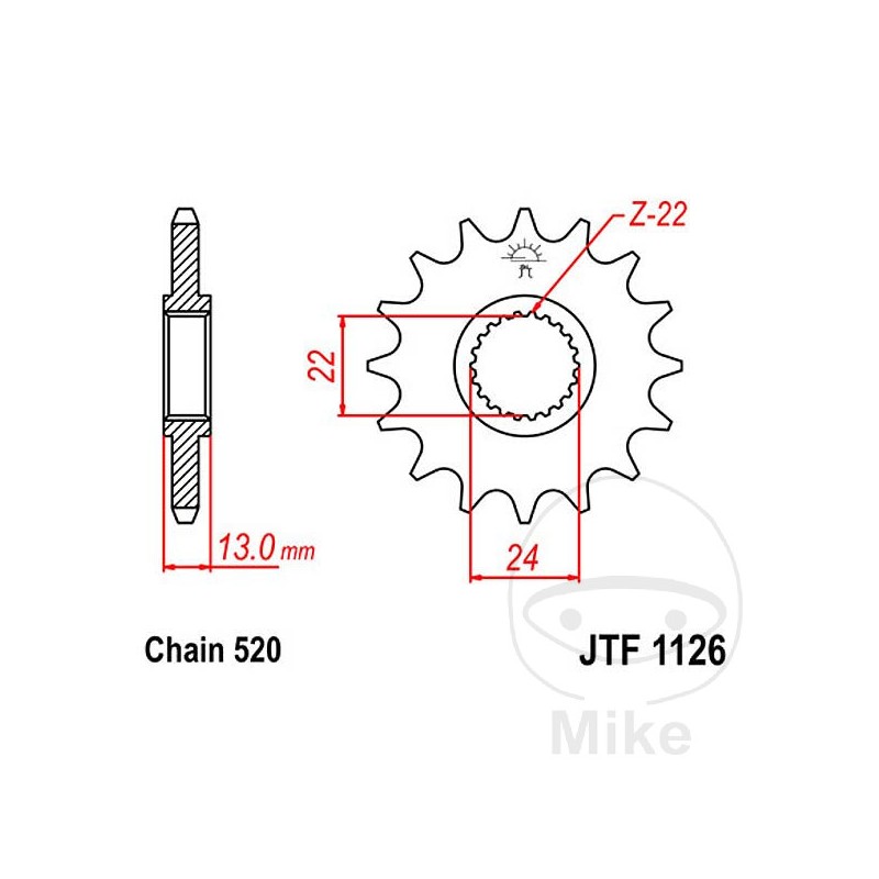 JT SPROCKETS Piñón transmisión engranaje fino 16T 520 Ø22/24 726.31.30