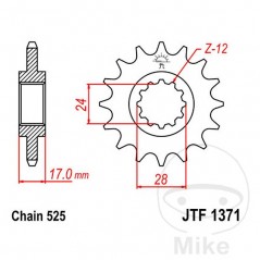 JT SPROCKETS Fine gear transmission pinion 14T P-525 Ø24/28MM 726.13.08