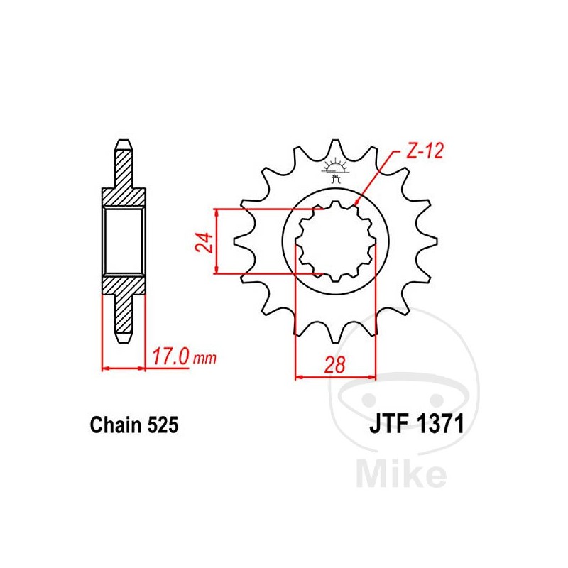 JT SPROCKETS Fine gear transmission pinion 14T P-525 Ø24/28MM 726.13.08