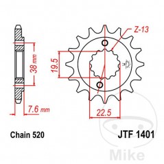 JT SPROCKETS Fine gear transmission pinion 13T P-520 Ø19.5/22MM 726.47.16