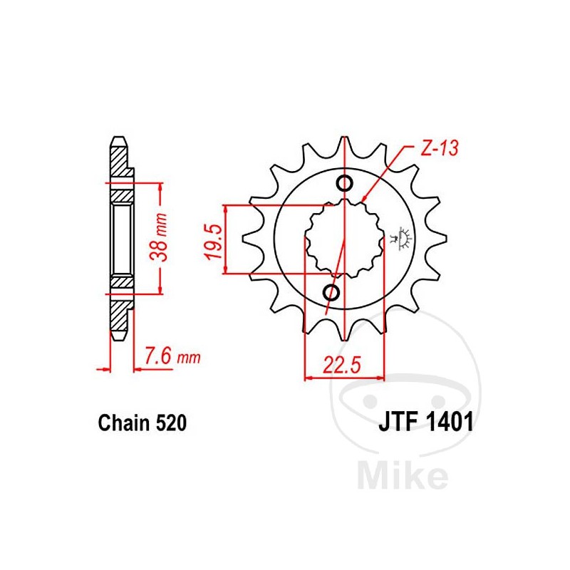 JT SPROCKETS Fine gear transmission pinion 13T P-520 Ø19.5/22MM 726.47.16
