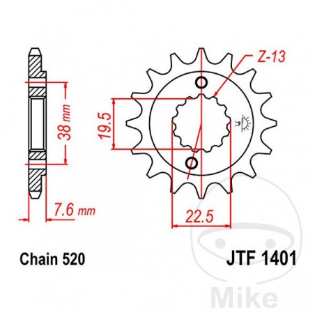 JT SPROCKETS Piñón transmisión engranaje fino 13T P-520 Ø19.5/22MM 726.47.16