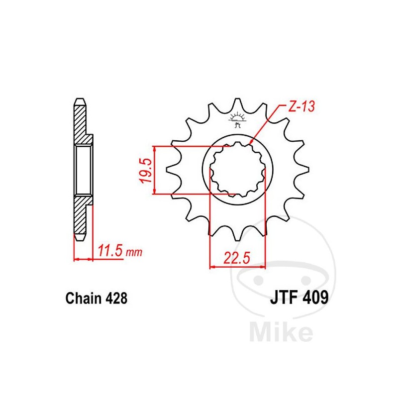 JT SPROCKETS Piñón transmisión engranaje fino 16T P-428 Ø19.4/22MM 726.29.18