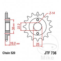 JT SPROCKETS fine gear transmission pinion 16T P-520 Ø22/25 MM 726.02.14