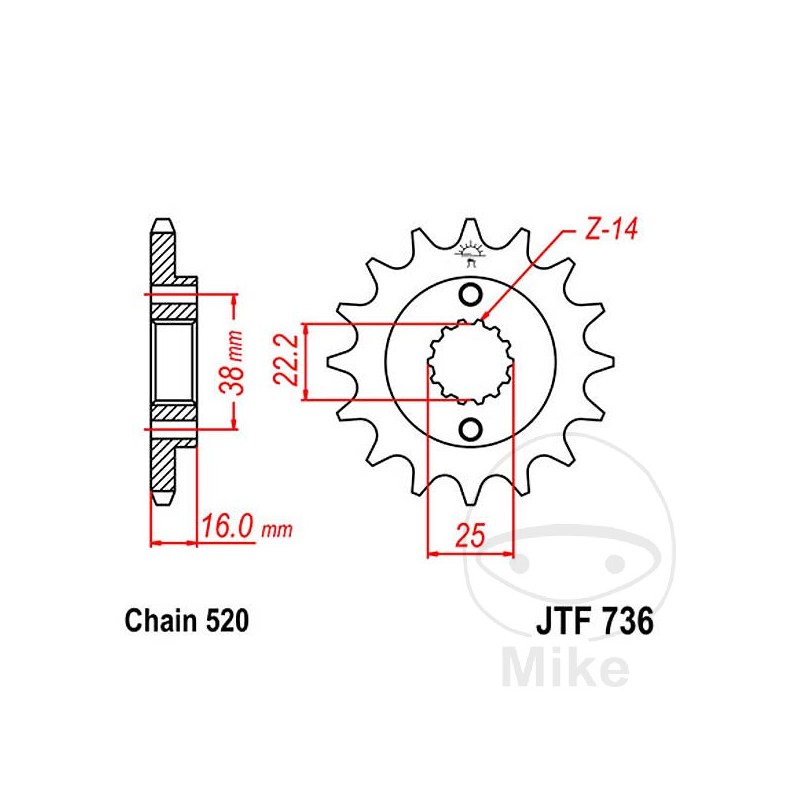 JT SPROCKETS fine gear transmission pinion 16T P-520 Ø22/25 MM 726.02.14