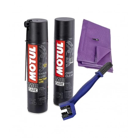 TUDETIC - motul motorcycle chain cleaner and lubricant kit c1 c3 400 ml + cleaning brush microfiber cloth 30x40 cm | care mainte