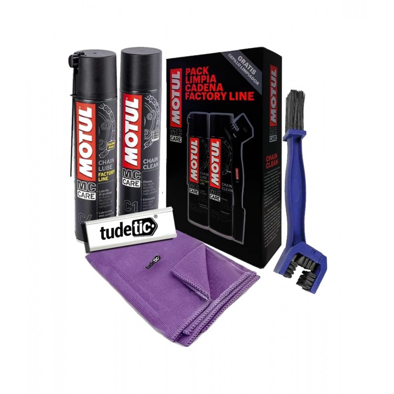 TUDETIC - kit limpiador y lubricante motul para cadena moto c1 c3 400 ml + cepillo limpieza gamuza microfibra 30x40 cm | set man