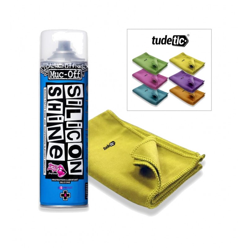 TUDETIC - kit de brillo y protección para bicicleta con spray muc-off silicone shine 500ml gamuza microfibra 30x40 cm KT-2-2