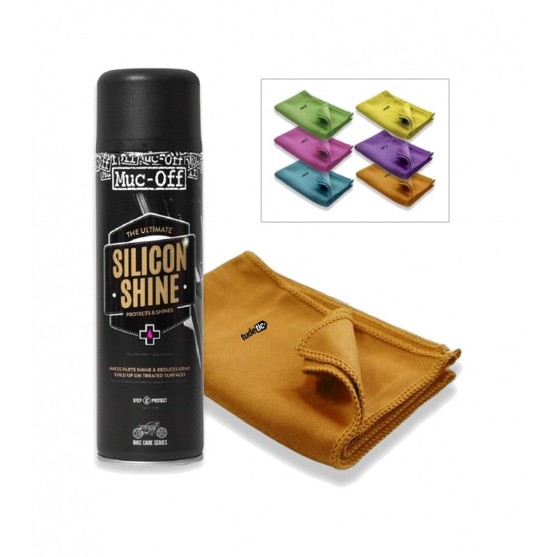 TUDETIC - Kit de Brillo y Protección para Moto con Spray Muc-Off Silicone Shine 500ml Gamuza Microfibra 30x40 cm KT-2-3