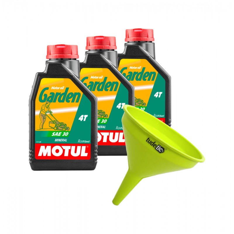 TUDETIC Kit of 3x engine oil + funnel GARDEN 4T SAE 30 1L KT-38