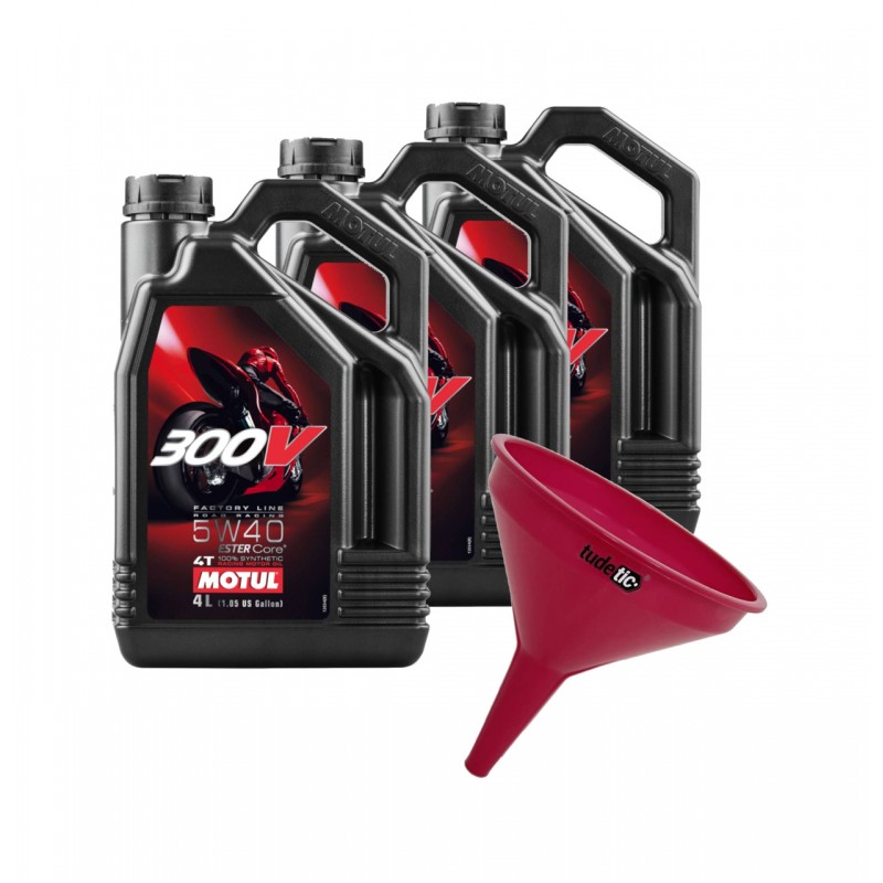 TUDETIC Kit de 3x Aceite Motor + Embudo 4T 300V FL Road Racing 5W40 4L KT-62