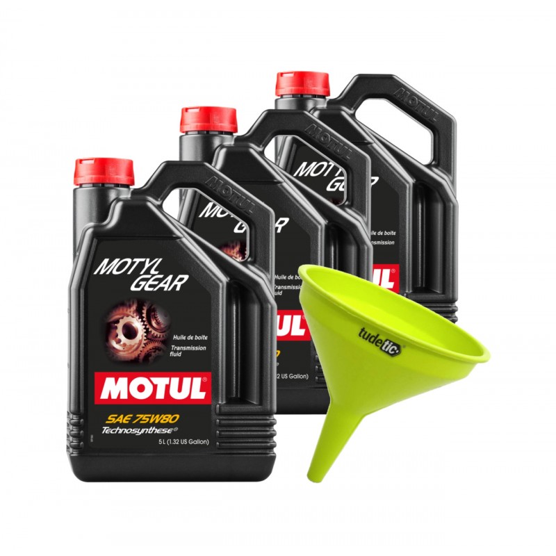 TUDETIC - Kit de 3x aceite transmisión manual + embudo MOTYLGEAR 75W80 5L KT-270