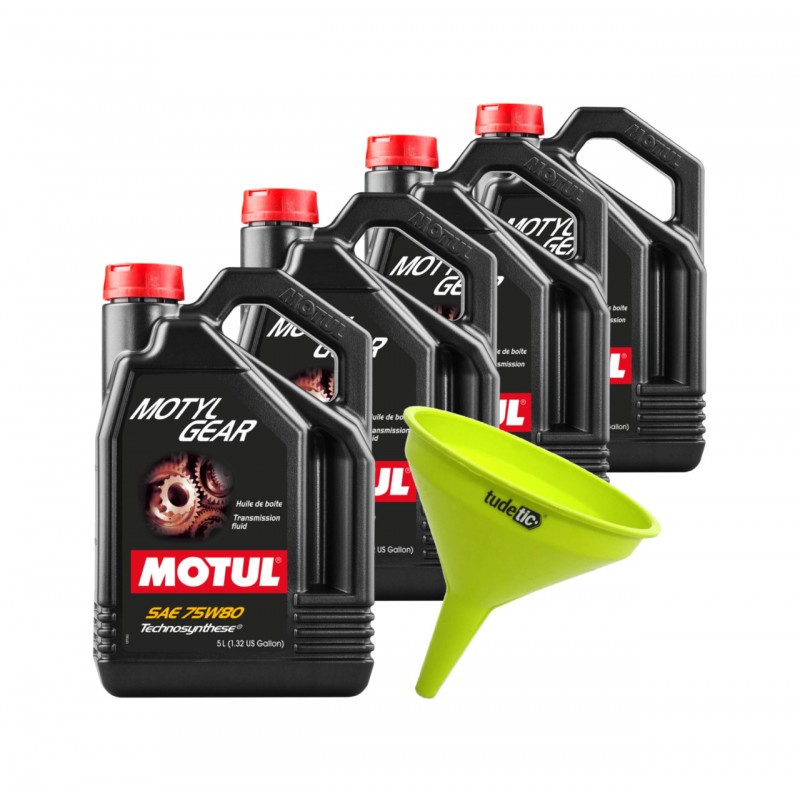 TUDETIC - Kit of 4x manual transmission oil + funnel MOTYLGEAR 75W80 5L KT-272