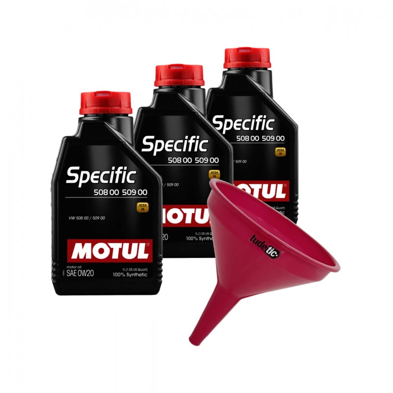 TUDETIC Kit of 3x 0W20 Motor Oil + Funnel, Compatible with VW 508.00-509.00 KT-280