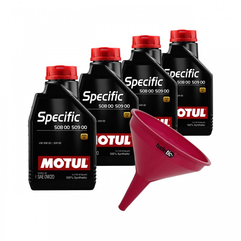 TUDETIC Kit 4x Aceite de Motor Sintético + Embudo VW 508.00-509.00 0W20 1L KT-282