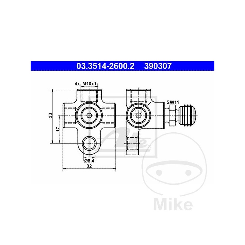 ATE Distributor for brake hose with valve 4X M10 X 1 F 4421292