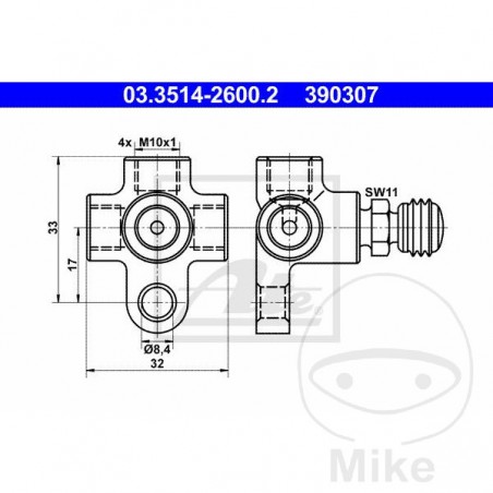 ATE Distributor for brake hose with valve 4X M10 X 1 F 4421292