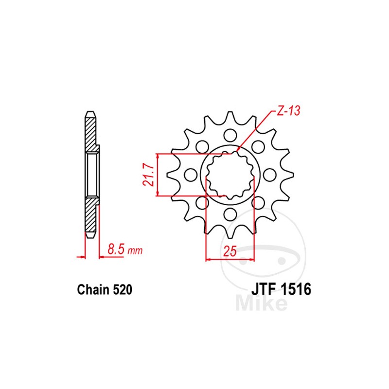 JT SPROCKETS Front pinion fine gear 17 TEETH 520 Ø21.7/25 726.02.34