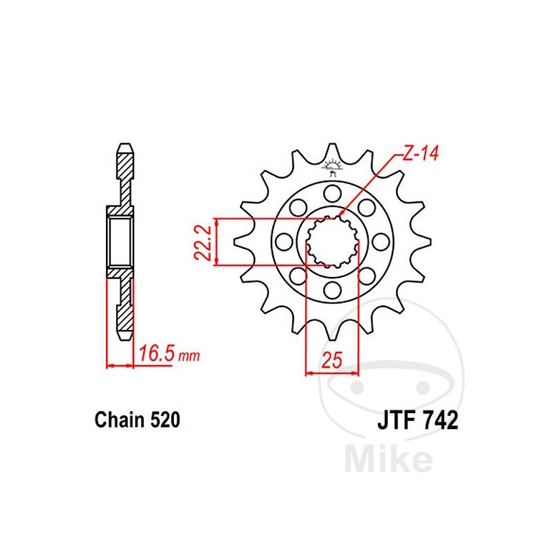 JT SPROCKETS Piñón delantero engranaje fino 14 TEETH 520 Ø22/25 726.47.57