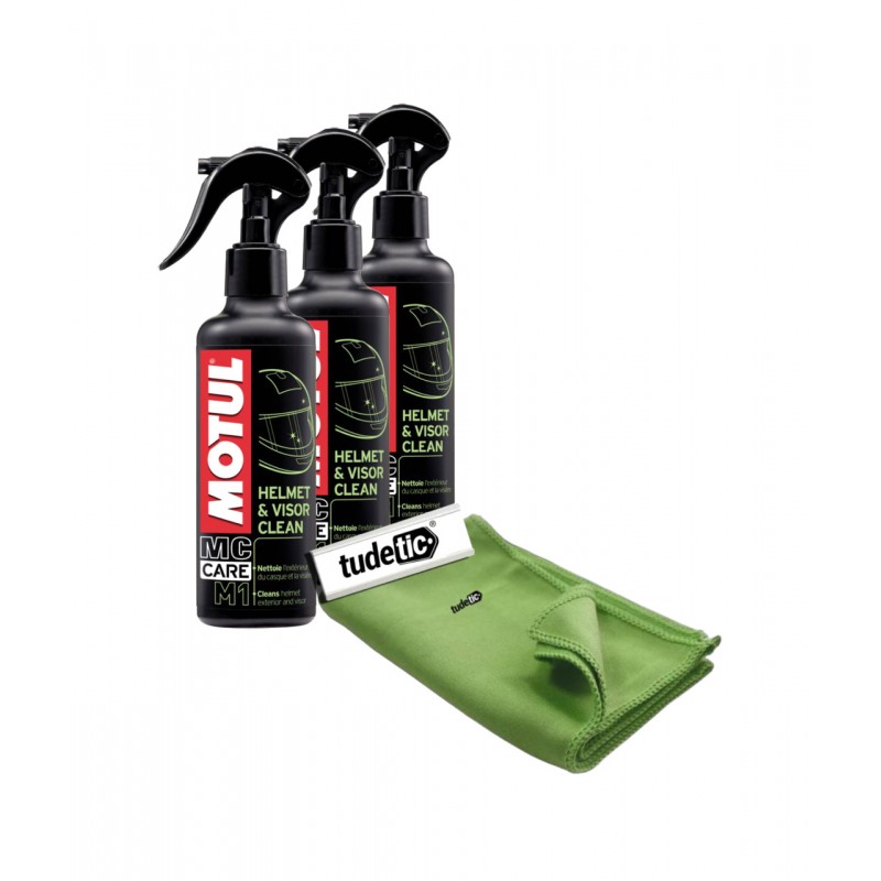 TUDETIC - Kit de 3x limpiador cascos y pantallas + trapo microfibra alta calidad KT-120