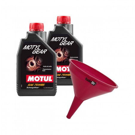 TUDETIC Kit de 2x aceite transmisión + embudo MOTYLGEAR HD 80W110 y 75W85 KT-136