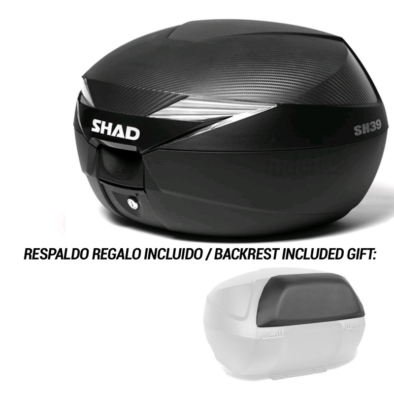 MOTORCYCLE REAR TRUNK SUITCASE WITH GIFTS BACKREST AND SIMIL CARBON COVER