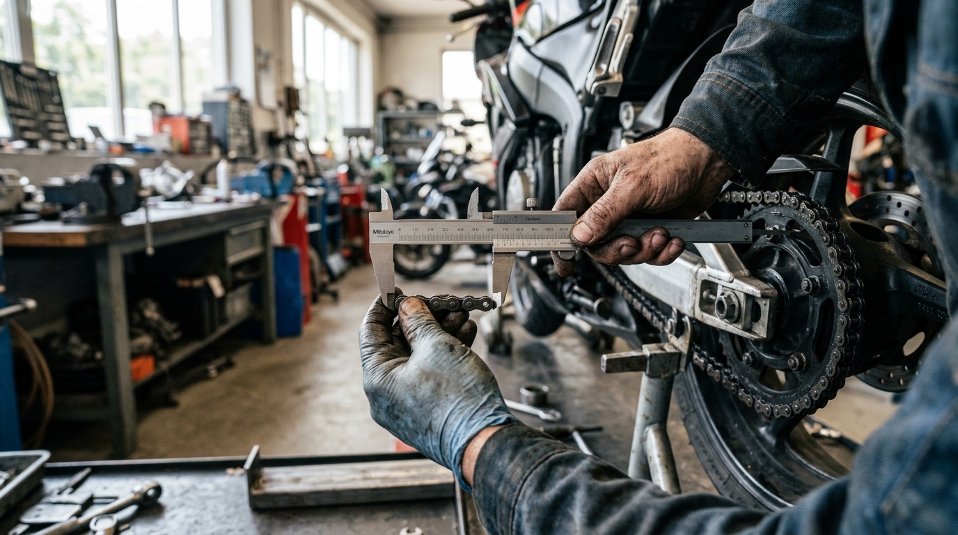 Mecánico midiendo desgaste cadena moto con calibre vernier sobre 17 eslabones método ISO rueda trasera deportiva taller luz natural