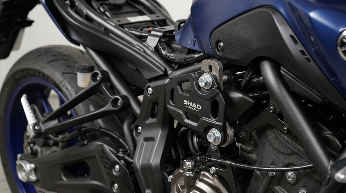 SHAD monolock placa base aluminio kit montaje en subchasis moto naked detalle bolts hardware visible studio