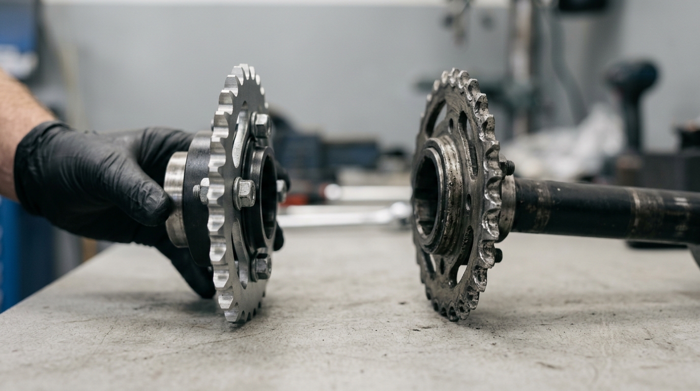 Comparativa piñón y corona moto nuevos versus desgastados con dientes en gancho mostrados sobre fondo neutro taller mecánico inspección