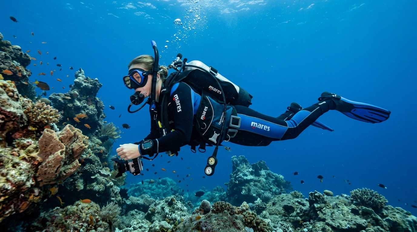 Buceador bajo agua flotabilidad neutra hover llevando BCD MARES con plomos integrados azul Mediterraneo lateral detalle posición controlada